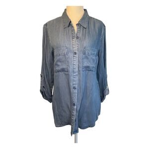 Jones New York Chambray Button Down Shirt Blue Cotton Knit Long Sleeve S
